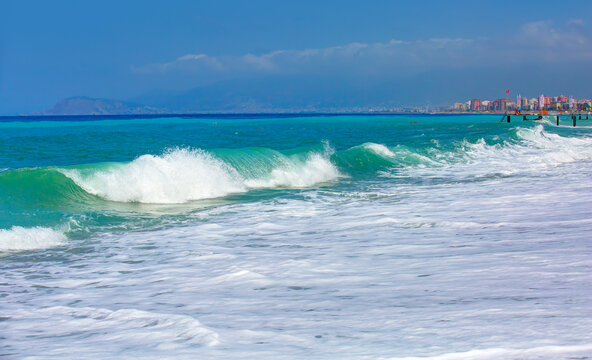 Mahmutlar and Kestel beach with strong sea wave - Mahmutlar beach is longest beach in Turkey - Alanya, Antalya