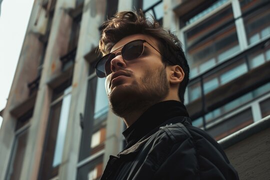 Fashionable man with sunglasses looking away while standing near a modern building