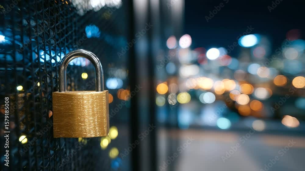 Poster a physical padlock hangs on a mesh server cabinet, illuminated by the ambient light of network indic