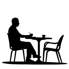 Man writing at a table with coffee cup in minimalist silhouette  