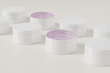 Round Plastic Cream jar mockup, opaque white skincare cylindrical Container, single wall PET plastic round cosmetic container, Face Cream Packaging, bath and body product, soothing gel product mockup