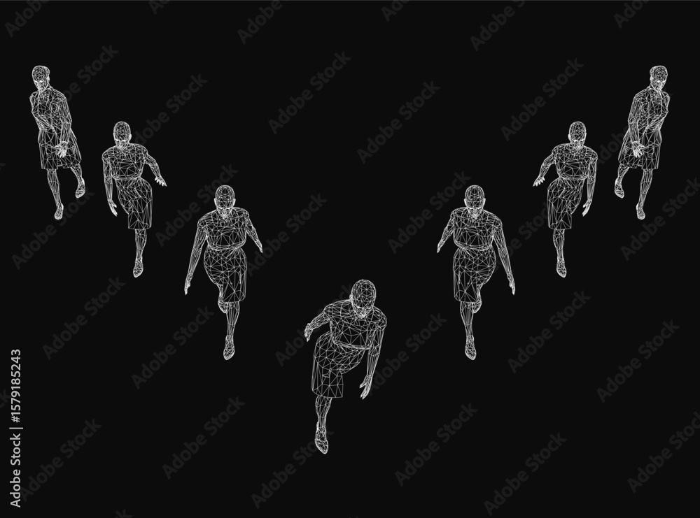 Poster a line of people running in motion creates a dynamic wireframe effect on a black background. the whi