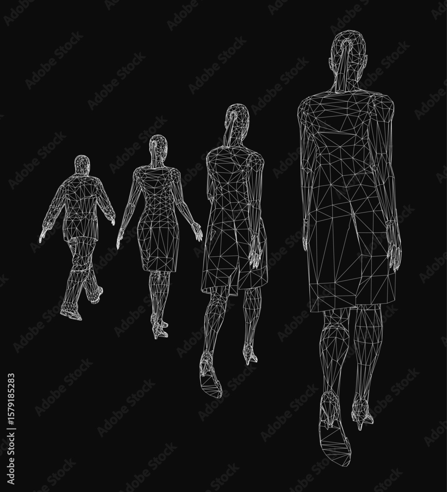 Poster a group of people walking in a line, depicted as wireframe figures in low polygonal style. the black