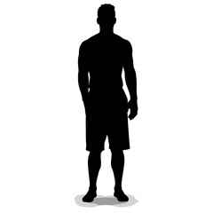 Silhouette of a standing man in shorts on a plain background  