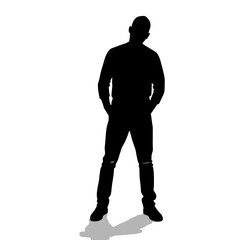Silhouette of man standing with hands in pockets on white background  