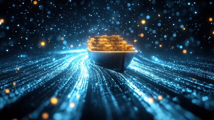 Business port containers concept. A glowing ship navigates through a digital sea of shimmering lights.