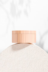 Round Plastic Cream jar mockup, wooden skincare cylindrical Container with screw lid, eco-friendly cosmetic container, luxury bath and body product in wood Packaging, soothing gel product mockup