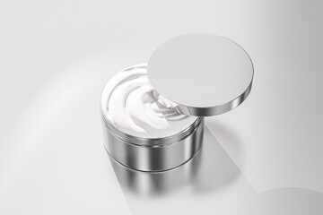 Round Plastic Cream jar mockup, metallic skincare cylindrical Container with screw lid, cosmetic container with electroplating finish, luxury silver chromatic bath and body product Packaging mockup