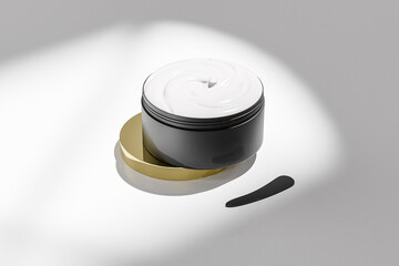 Black Cream jar with metallic gold cap mockup, wide mouth cylindrical skincare Container with electroplating screw lid, luxury black and gold body lotion packaging, plastic cosmetic jar, aluminium cap