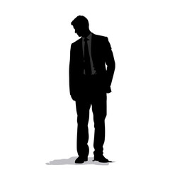 Businessman standing in silhouette with head bowed against white background  