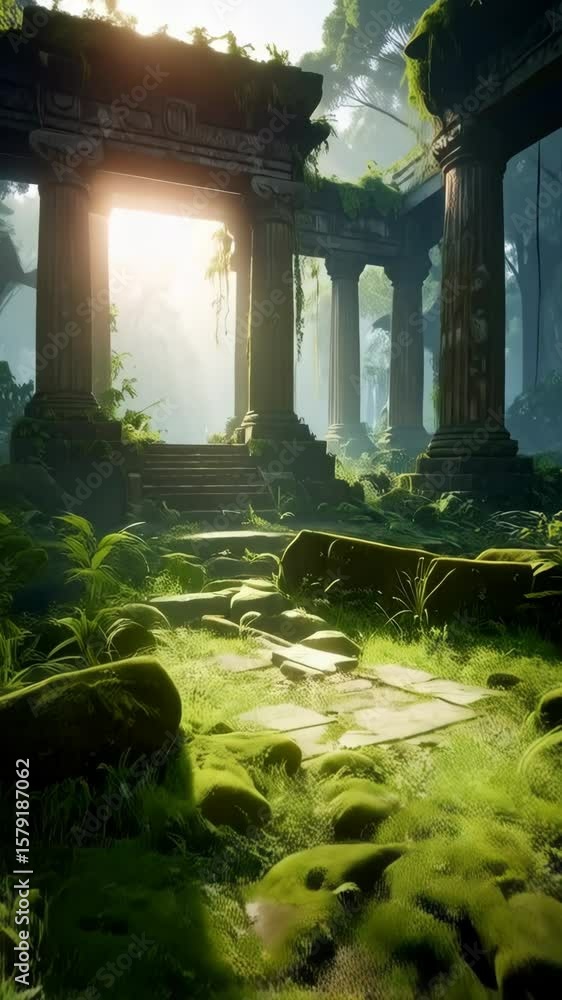 Poster Ancient stone ruins covered with moss and vines in a verdant jungle with sunlight streaming through the trees, creating a sense of mystery and serenity.