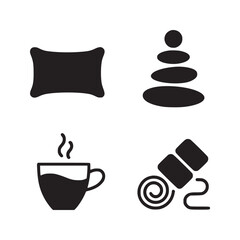 A set of four icons depicting a pillow, stacked stones, a cup of coffee, and a rolled yoga mat design