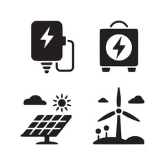 A collection of four black and white icons showcasing renewable energy sources and power generation tools