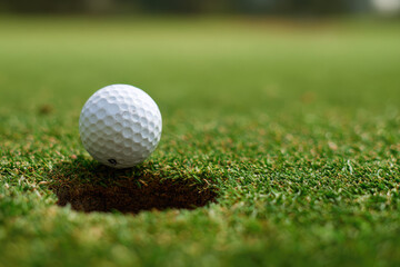 Close-up golf ball at the hole