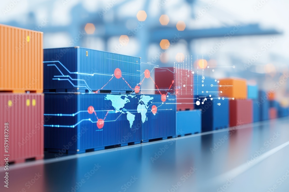Poster business port containers concept. digital image of shipping containers with a global network overlay