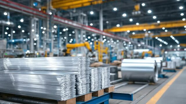 Close-up detail of galvanized steel rolls and sheet metal stacks with textured surfaces, surrounded by engineering tools and robotic arms ready for the next phase of metal producti
