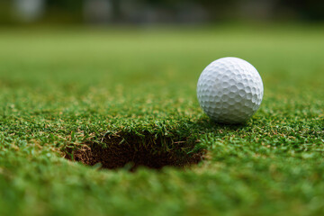 Obraz premium Close-up golf ball at the hole