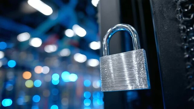 Close-up of a metallic padlock secured on a data server rack door, surrounded by glowing blue LED lights and intricate cabling, symbolizing robust cybersecurity in a modern data ce