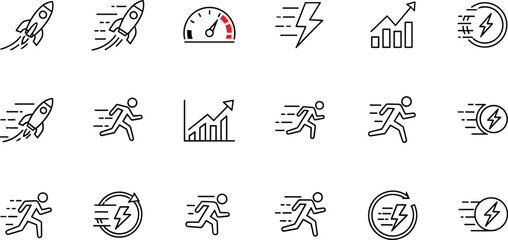 Speed, acceleration line icon set. Vector pictograms of fast movement, progress, quick actions, rocket, speedometer, lightning bolt, rapid growth dynamic