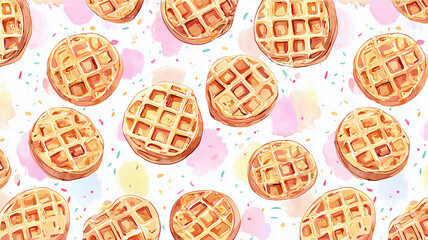 Delightful waffle pattern in watercolor style with colorful sprinkles