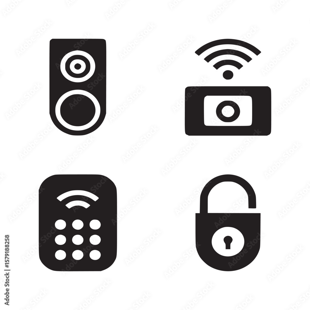 Poster a collection of four black and white icons featuring a speaker a camera a keypad and a padlock symbo