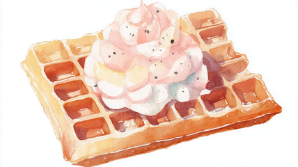 Delicious watercolor waffle topped with fluffy whipped cream and pastel colors