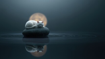 White Cat Sleeping on a Stone Under Moonlight in Zen Water Reflection