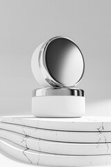 White Plastic Cream jar with metallic silver cap mockup, cylindrical skincare Container with electroplating screw lid, luxury chromatic body lotion product, plastic cosmetic jar and aluminium cap