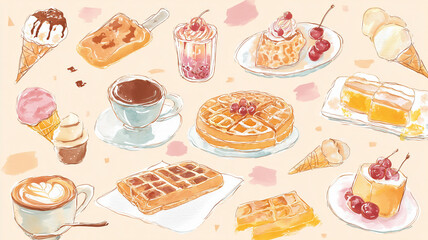 Delightful watercolor illustrations of desserts, including waffles and ice cream