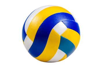 Close up of a volleyball, blue, yellow, and white.