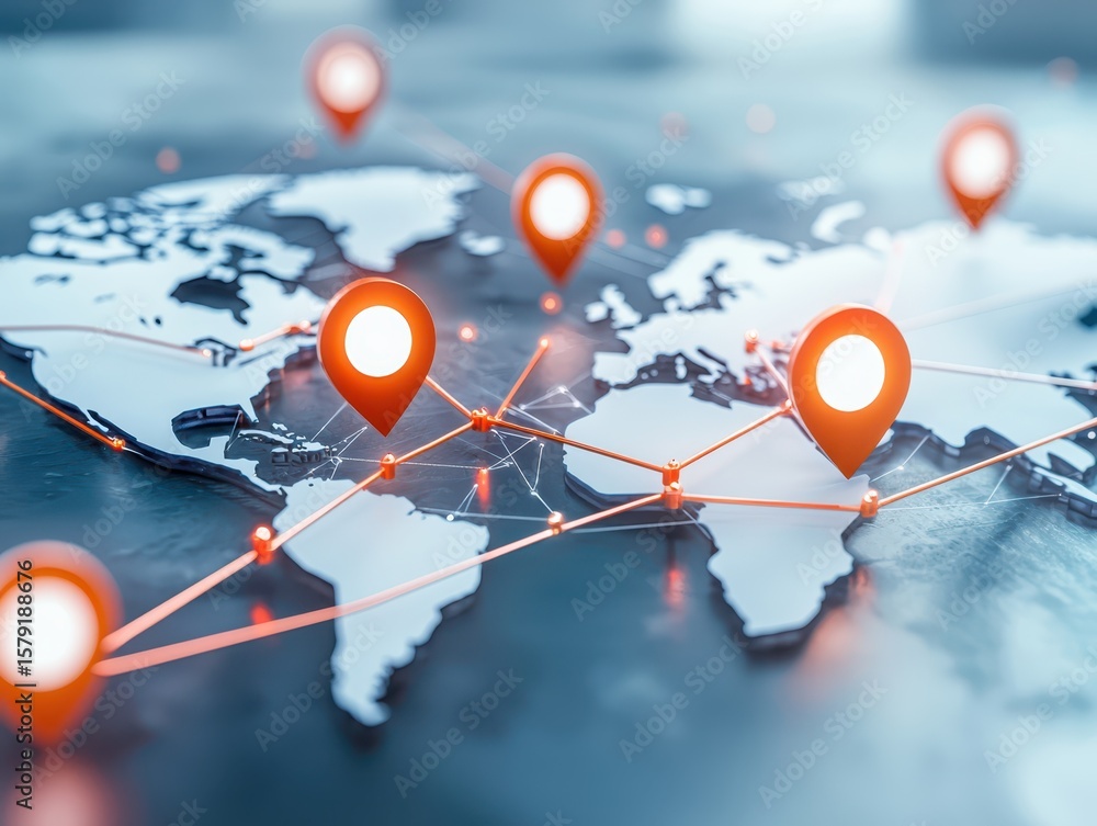 Poster business port containers concept. digital world map with location markers and network connections hi