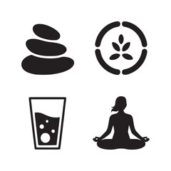 A black and white vector illustration of spa elements including stones, cucumber, water and yoga pose