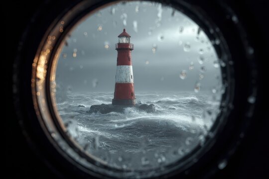 Fototapeta Lighthouse stands tall amidst stormy ocean waves seen through a wet porthole on a rainy day at sea