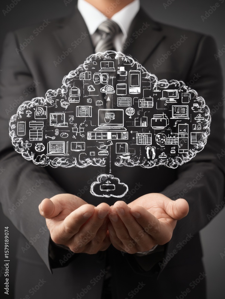 Poster hands of businessman holding cloud computing icons and overlays for technology and business solution