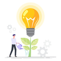 Business growth through innovative ideas. A man waters a plant transforming into a glowing lightbulb representing nurturing concepts for success, growth and innovation.