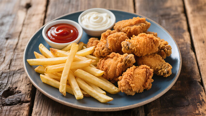 Naklejka premium A plate of crispy golden fried chicken pieces with fries and dipping sauces