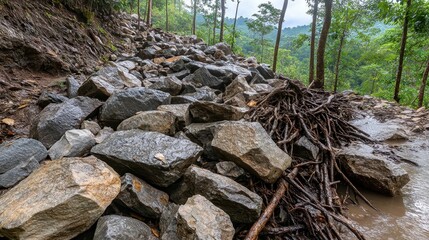 Rocky Terrain Surrounded by Lush Green Forest and Water Flow