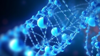 Obraz premium A close-up macro 3D render of DNA strands intertwined with protein spheres, glowing electric blue highlights, surrounded by a mist of nano-particles in motion.