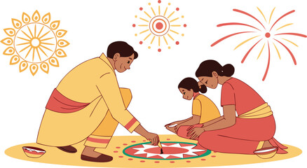 Indian Family Celebrating Diwali Festival with Rangoli and Fireworks