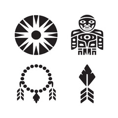 Four native american symbols including a sun a totem a necklace and an arrow in black and white