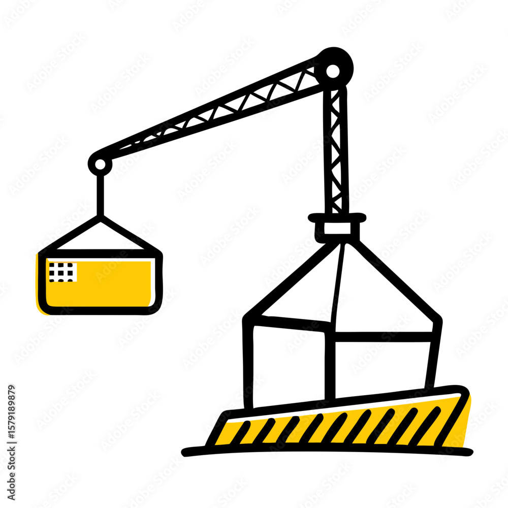 Poster port crane lifting container hand drawing icon for web and graphic design
