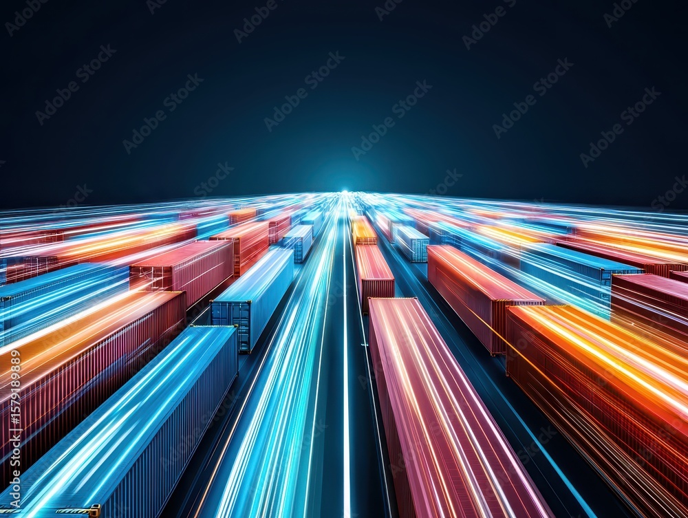Poster business port containers concept. abstract view of colorful shipping containers illuminated in motio