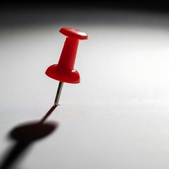 Macro Red Pushpin Holding Paper with Shadow on White Surface