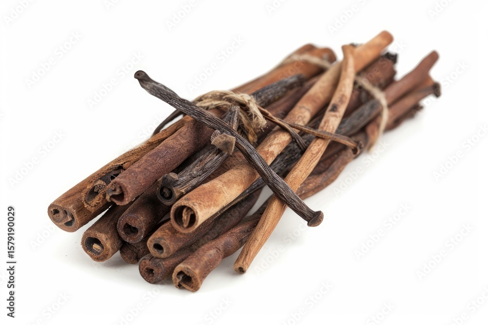 Poster cinnamon sticks and vanilla pods are tied together with twine, creating a fragrant and aromatic bund