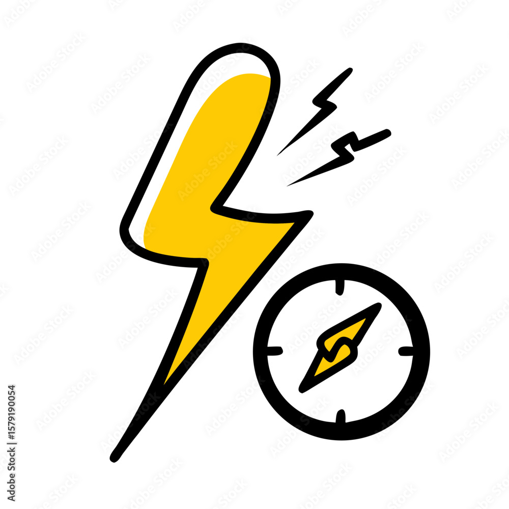 Poster power bolt with clock hand drawing icon for web and graphic design