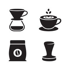Black and white coffee preparation icons featuring pour over cup bag and tamper on a white background