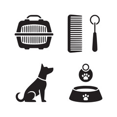 A black and white vector illustration of dog accessories and a dog silhouette icon set