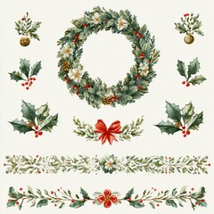 Christmas wreath and holiday floral decorations in watercolor style. Including a beautiful wreath, and seasonal floral arrangements with a festive bow. This would be a great design for holiday cards.