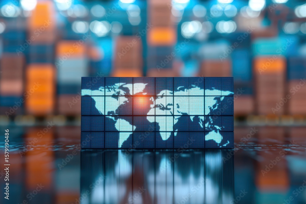 Poster business port containers concept. digital world map displayed on shipping containers in a warehouse 