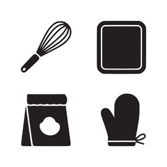 A set of black baking icons including a whisk, baking pan, flour bag, and oven mitt illustration